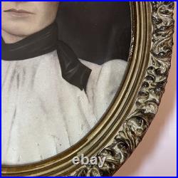 Antique c1900 Hand Colored Crayon Portrait Woman Ornate Oval Frame