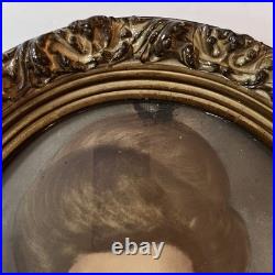 Antique c1900 Hand Colored Crayon Portrait Woman Ornate Oval Frame