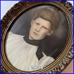 Antique c1900 Hand Colored Crayon Portrait Woman Ornate Oval Frame