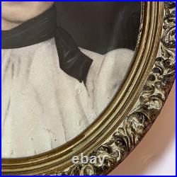 Antique c1900 Hand Colored Crayon Portrait Woman Ornate Oval Frame