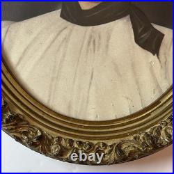 Antique c1900 Hand Colored Crayon Portrait Woman Ornate Oval Frame