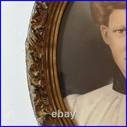 Antique c1900 Hand Colored Crayon Portrait Woman Ornate Oval Frame