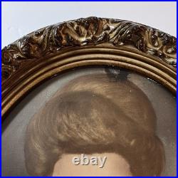 Antique c1900 Hand Colored Crayon Portrait Woman Ornate Oval Frame