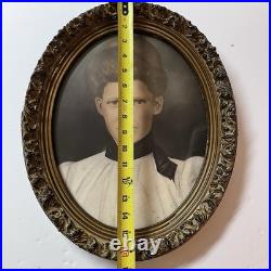Antique c1900 Hand Colored Crayon Portrait Woman Ornate Oval Frame