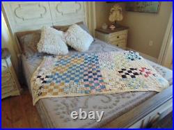Antique early 1900's hand stitched OLD FASHION NINE PATCH QUILT 63 x 77