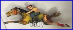 Antique folk art Fiestas Patronales game wood horse with jockey-Caballo de Pica