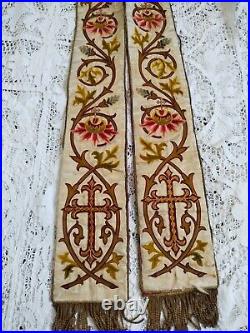 Antique french charch catholic stole silk embroidery vestments chasuble item649