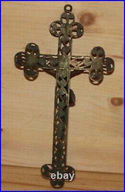 Antique hand made ornate filigree brass cross crucifix