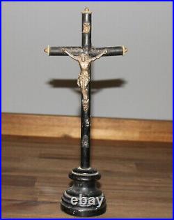 Antique hand made wood desk cross with metal crucifix