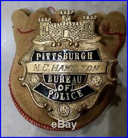 Antique obsolete Pittsburgh Police detective style badge with leather pouch