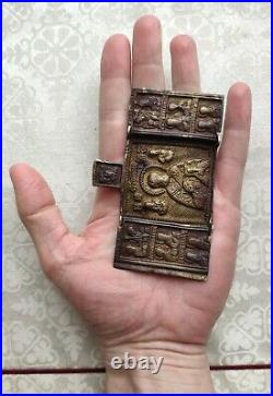 Antique original bronze folding icon Nicholas the Wonderworker 19th century