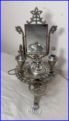 Antique ornate miniature nickel plated vanity perfume makeup mirror table caddy