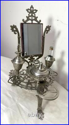 Antique ornate miniature nickel plated vanity perfume makeup mirror table caddy