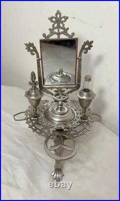 Antique ornate miniature nickel plated vanity perfume makeup mirror table caddy