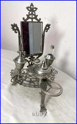 Antique ornate miniature nickel plated vanity perfume makeup mirror table caddy