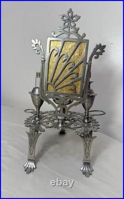 Antique ornate miniature nickel plated vanity perfume makeup mirror table caddy