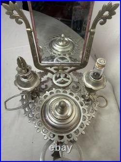 Antique ornate miniature nickel plated vanity perfume makeup mirror table caddy