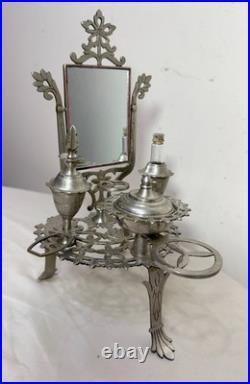 Antique ornate miniature nickel plated vanity perfume makeup mirror table caddy