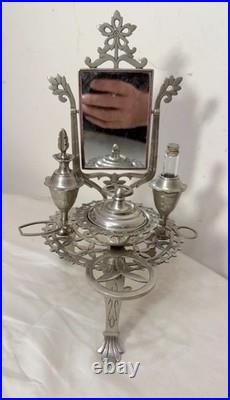 Antique ornate miniature nickel plated vanity perfume makeup mirror table caddy