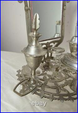 Antique ornate miniature nickel plated vanity perfume makeup mirror table caddy