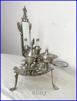 Antique ornate miniature nickel plated vanity perfume makeup mirror table caddy