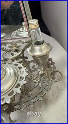 Antique ornate miniature nickel plated vanity perfume makeup mirror table caddy