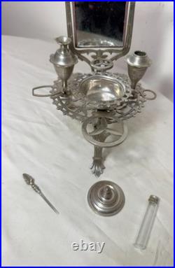 Antique ornate miniature nickel plated vanity perfume makeup mirror table caddy