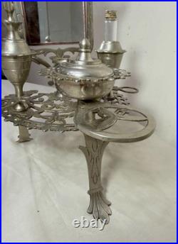 Antique ornate miniature nickel plated vanity perfume makeup mirror table caddy