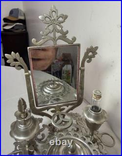 Antique ornate miniature nickel plated vanity perfume makeup mirror table caddy