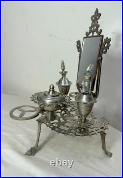 Antique ornate miniature nickel plated vanity perfume makeup mirror table caddy