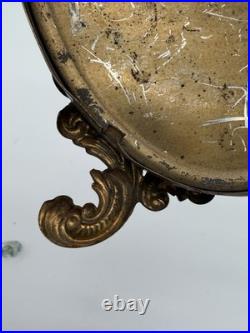 Antique oval picture frame ornate brass scrolling top ribbon accent