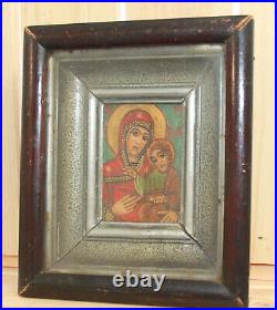 Antique religious hand painted icon Virgin Mary Jesus Christ Child