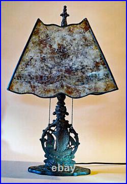 Arts & Crafts Antique Vintage Mica Table Desk Lamp Nautical Sailing Ship, 1920