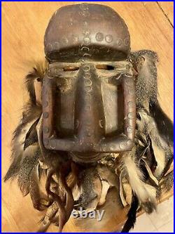 Authentic Antique Hand Carved African Mask with Real Fur Vintage Tribal
