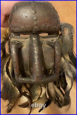 Authentic Antique Hand Carved African Mask with Real Fur Vintage Tribal