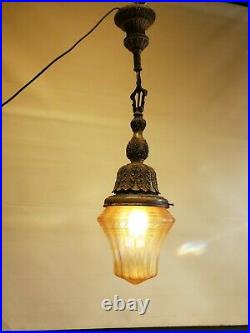 Beautiful Antique/Vintage Poly Chrome Pendant Light With Etched Iridescent Glass