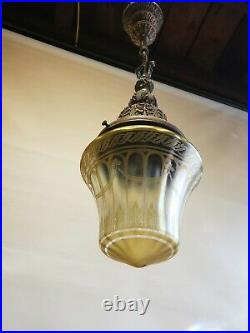 Beautiful Antique/Vintage Poly Chrome Pendant Light With Etched Iridescent Glass