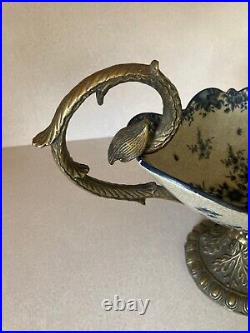 Beautiful Antique and Ornate Brass and Ceramic Pedestal Fruit Bowl Flower Design