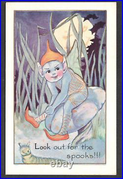 Blue Fairy ANTIQUE -Elf Watch 4 Spooks Mushroom Halloween Whitney WH4 PostCard