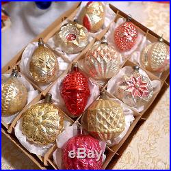 Box 12 Antique Germany Feather Tree Shapes Glass Xmas Ornaments Embossed Paint