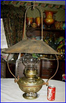 C 1890 Antique Bradley Hubbard Hanging Country Porch Oil Lamp Sconce Shade Light