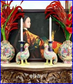 Candleholders Pair Vintage Chinese Birds Rare Oriental Colorful Hand