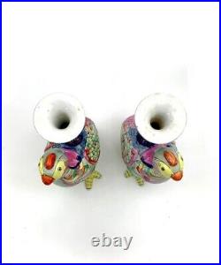 Candleholders Pair Vintage Chinese Birds Rare Oriental Colorful Hand