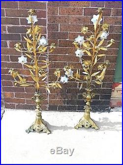Catholic Victorian Antique Altar Church metal art flower candlesticks Candelabra