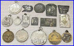 Collection of 16 antique and old silver & silver plated medals, badges & tokens
