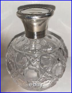 Cut Crystal Round Perfume Bottle Birmingham Sterling Hinged Top Antique