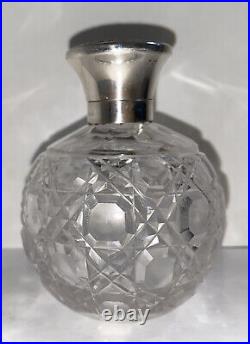 Cut Crystal Round Perfume Bottle Birmingham Sterling Hinged Top Antique