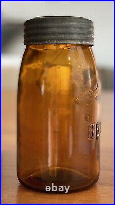EXTREMELY RARE Old Antique Quart AMBER BEAVER Canning Fruit Sealer Jar CANADIAN