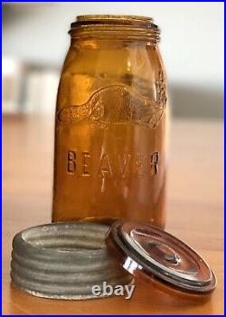 EXTREMELY RARE Old Antique Quart AMBER BEAVER Canning Fruit Sealer Jar CANADIAN