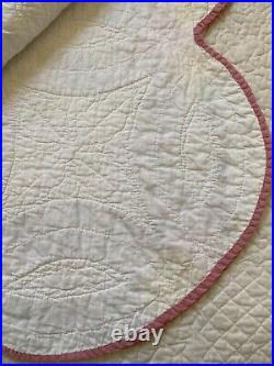 Early Vintage Double Wedding Ring Quilt Hand Stitched 74 x 86 Feedsack Pink
